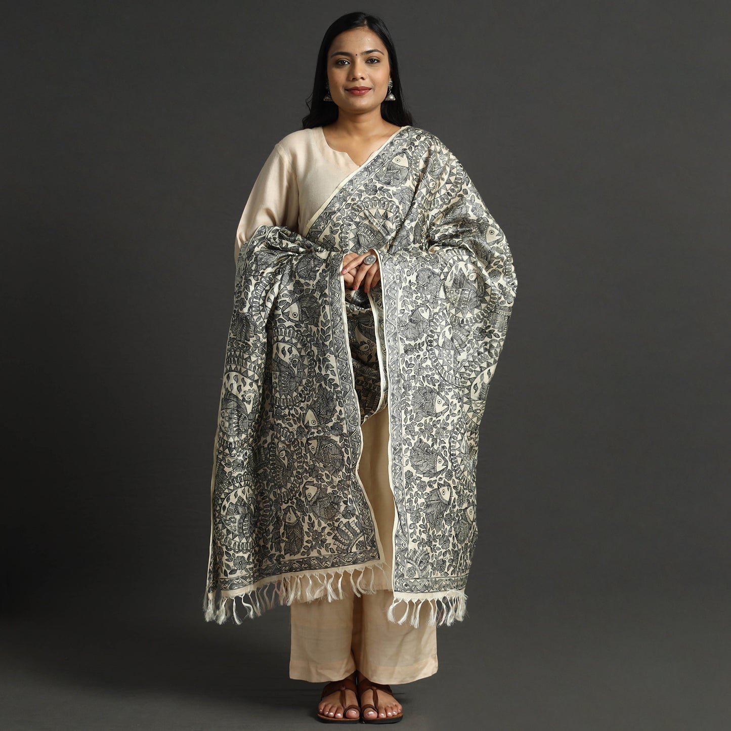 Green - Traditional Madhubani Handpainted Tussar Silk Handloom Dupatta with Tassels 26
