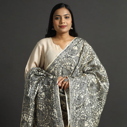 Green - Traditional Madhubani Handpainted Tussar Silk Handloom Dupatta with Tassels 26