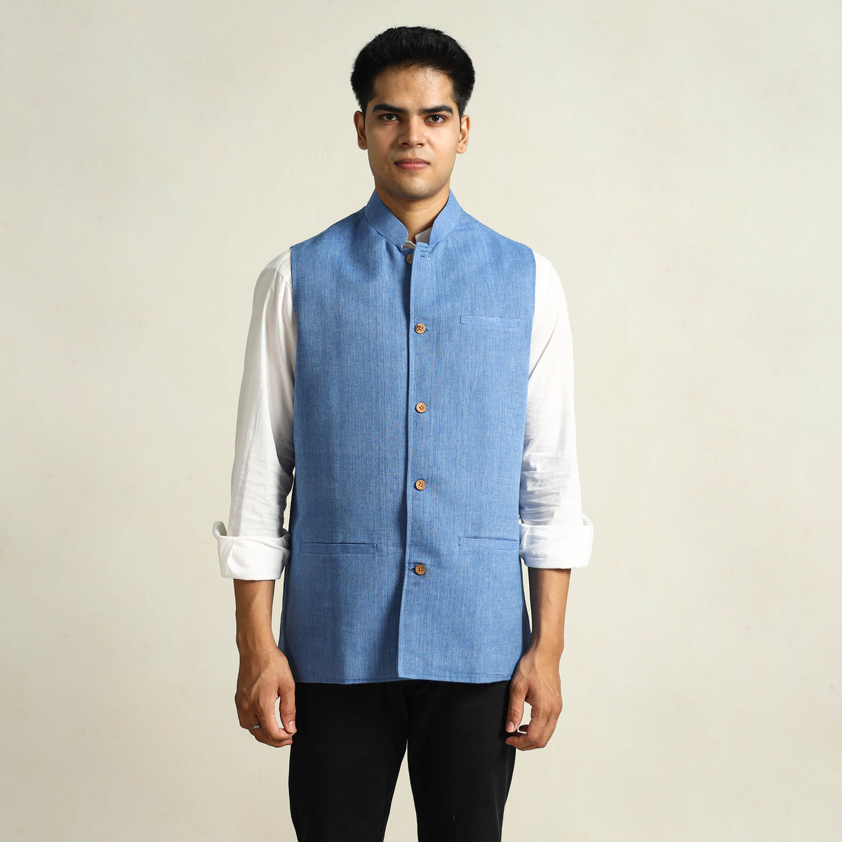 Blue - Pure Cotton Handloom Men Nehru Jacket 06