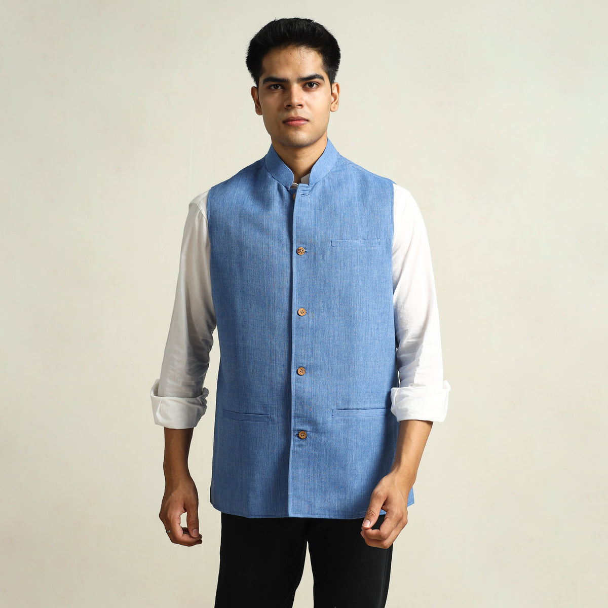 Blue - Pure Cotton Handloom Men Nehru Jacket 06
