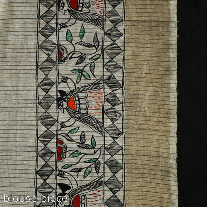 Beige - Traditional Madhubani Handpainted Tussar Silk Saree 12