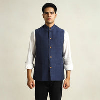 Blue - Pure Cotton Handloom Men Nehru Jacket 11