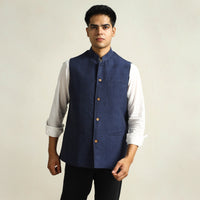 Blue - Pure Cotton Handloom Men Nehru Jacket 11