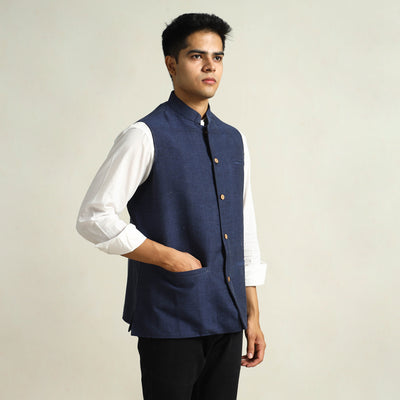Blue - Pure Cotton Handloom Men Nehru Jacket 11