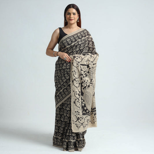 Black - Kalamkari Printed Cotton Saree with Blouse Piece 42