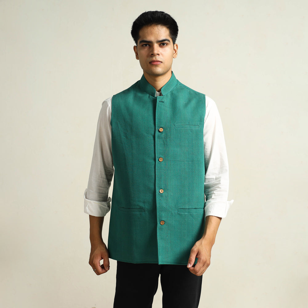 Green - Pure Cotton Handloom Men Nehru Jacket 12