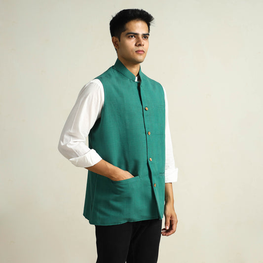 Green - Pure Cotton Handloom Men Nehru Jacket 12