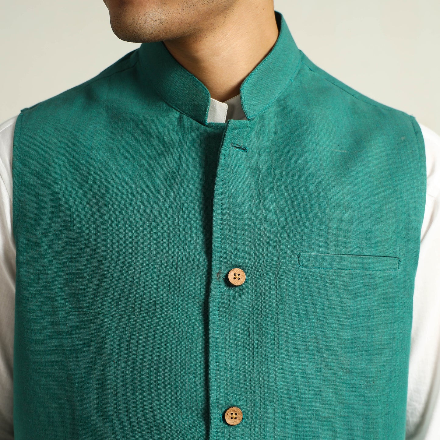 Green - Pure Cotton Handloom Men Nehru Jacket 12