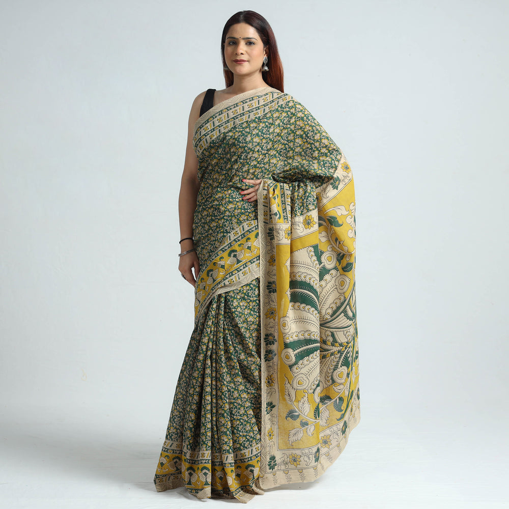 Green - Kalamkari Printed Cotton Saree with Blouse Piece 38