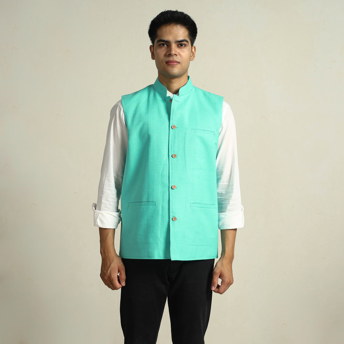 Green - Running Stitch Pure Cotton Men Nehru Jacket 14