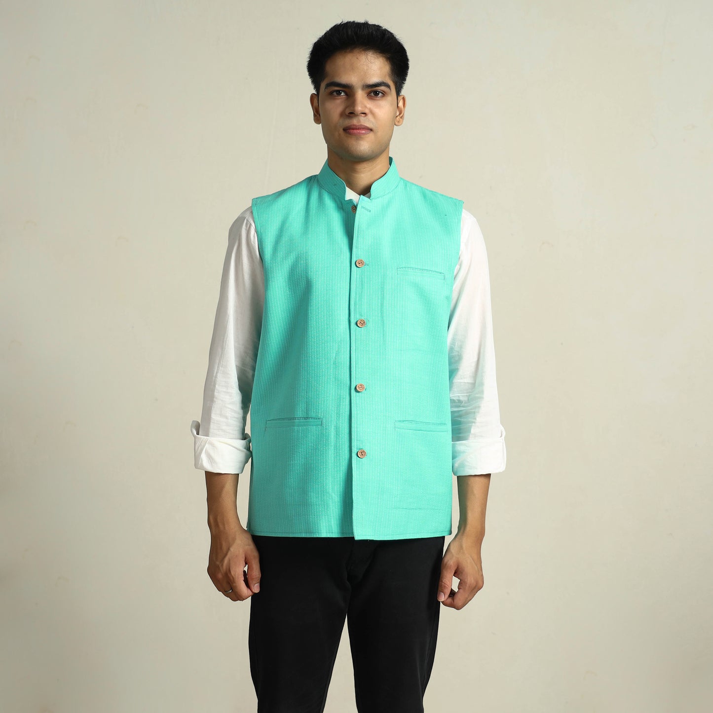 Green - Running Stitch Pure Cotton Men Nehru Jacket 14