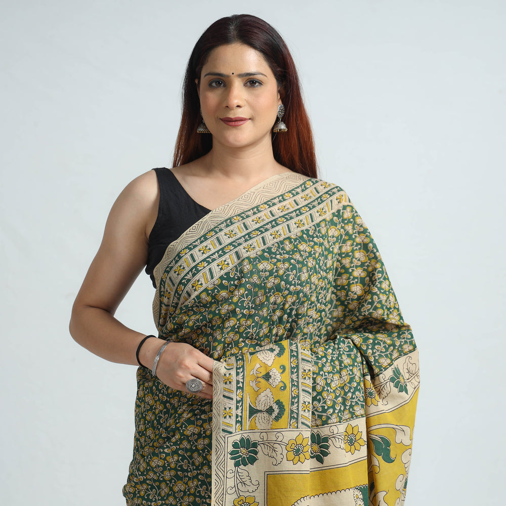 Green - Kalamkari Printed Cotton Saree with Blouse Piece 38