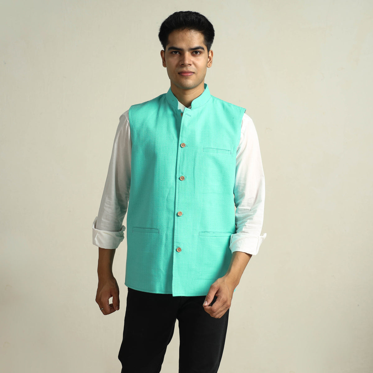 Green - Running Stitch Pure Cotton Men Nehru Jacket 14