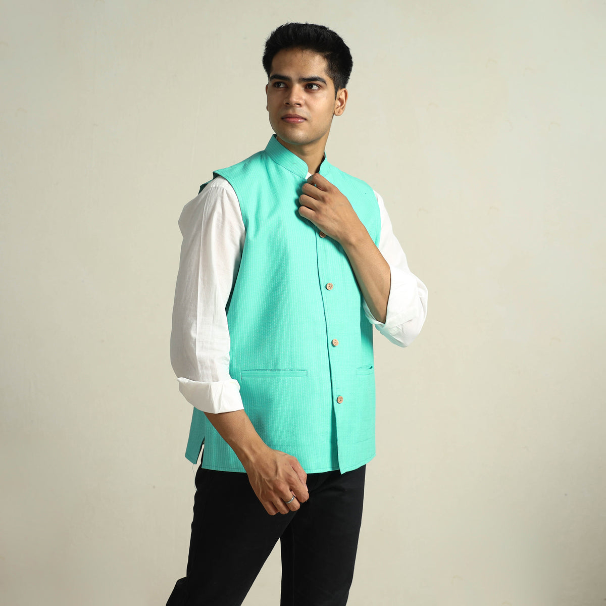 Green - Running Stitch Pure Cotton Men Nehru Jacket 14