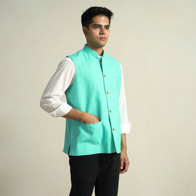 Green - Running Stitch Pure Cotton Men Nehru Jacket 14