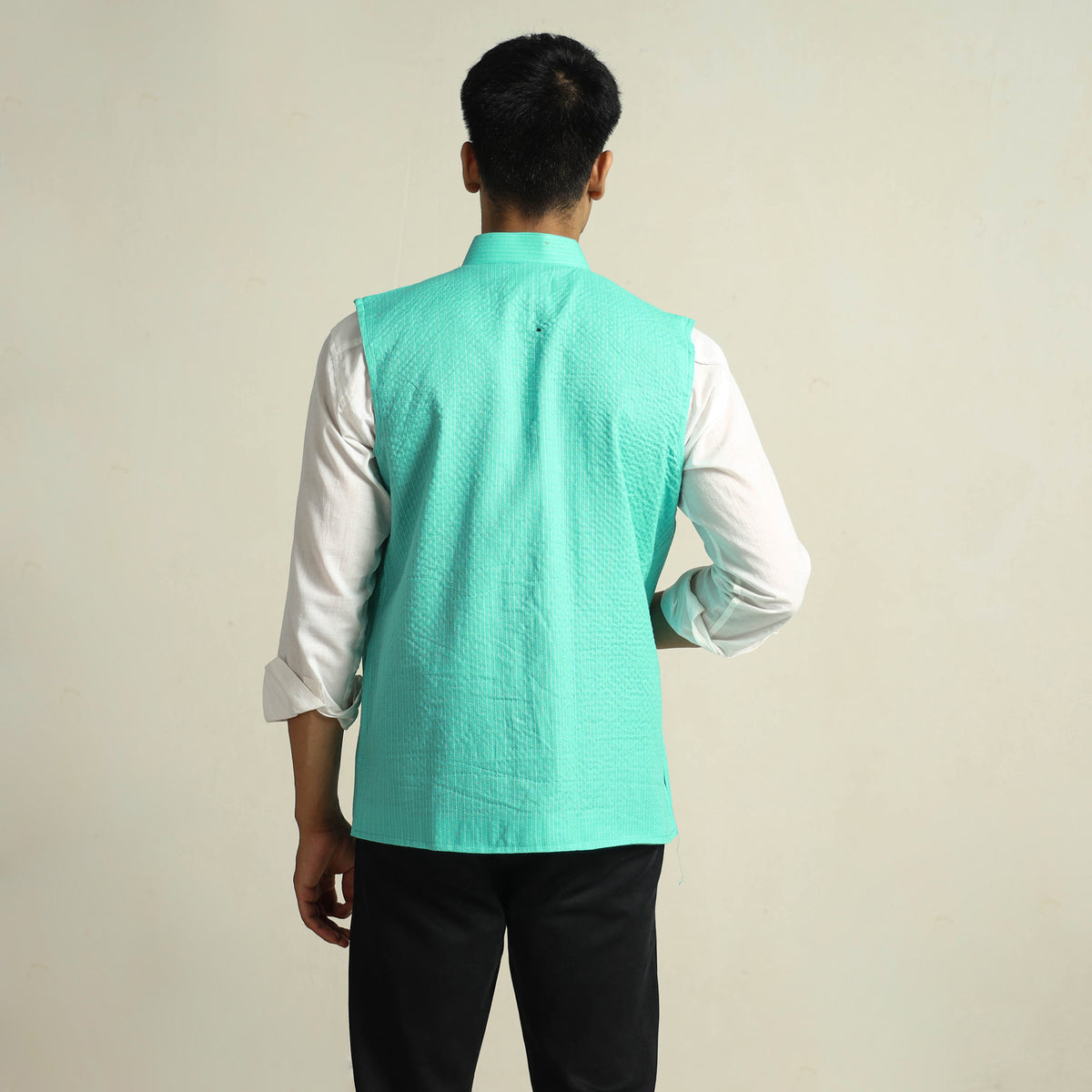 Green - Running Stitch Pure Cotton Men Nehru Jacket 14