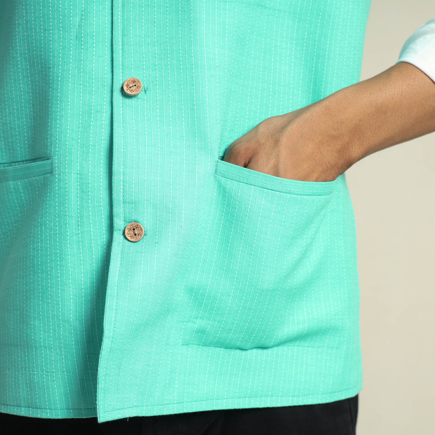 Green - Running Stitch Pure Cotton Men Nehru Jacket 14
