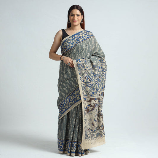Grey - Kalamkari Printed Cotton Saree with Blouse Piece 44