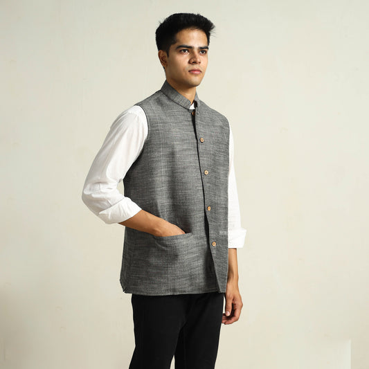 Grey - Pure Cotton Handloom Men Nehru Jacket 03