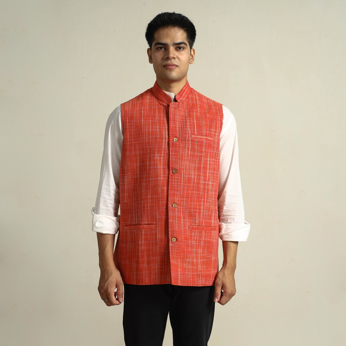 Orange - Pure Cotton Handloom Men Nehru Jacket 05