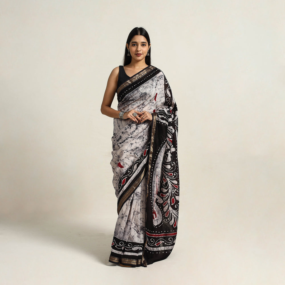 Black - Silk Cotton Hand Batik Print Saree with Blouse 01