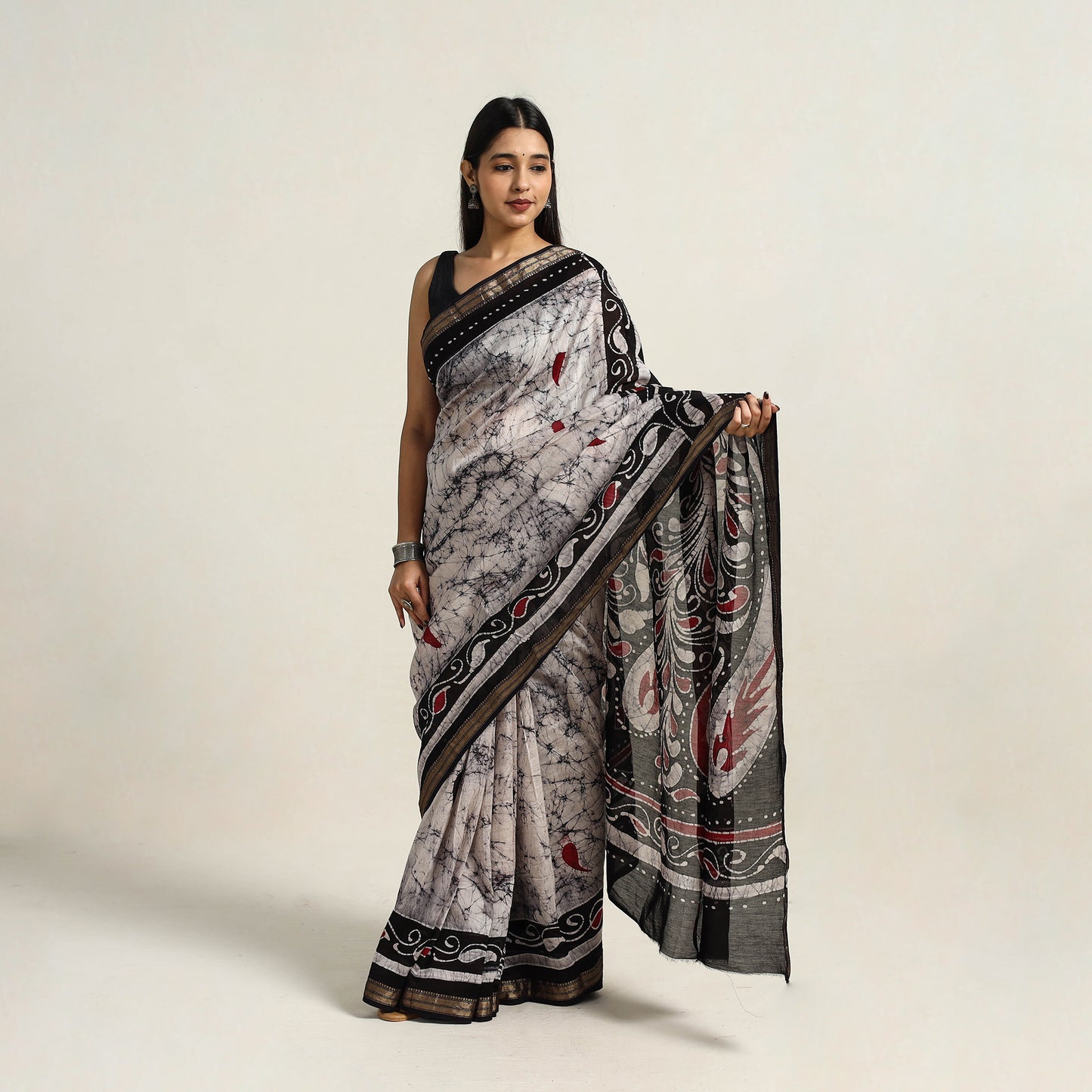 Black - Silk Cotton Hand Batik Print Saree with Blouse 01