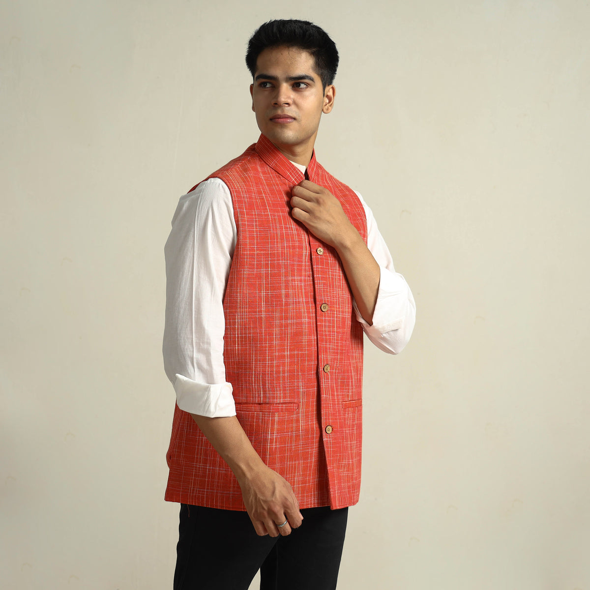 Orange - Pure Cotton Handloom Men Nehru Jacket 05