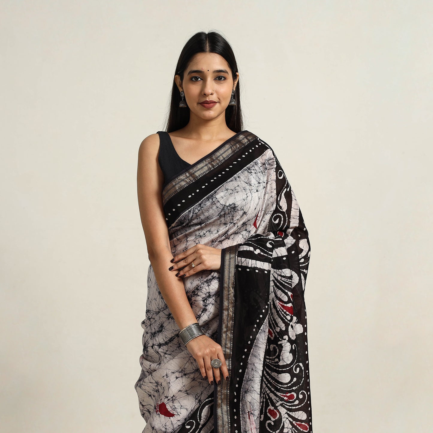 Black - Silk Cotton Hand Batik Print Saree with Blouse 01