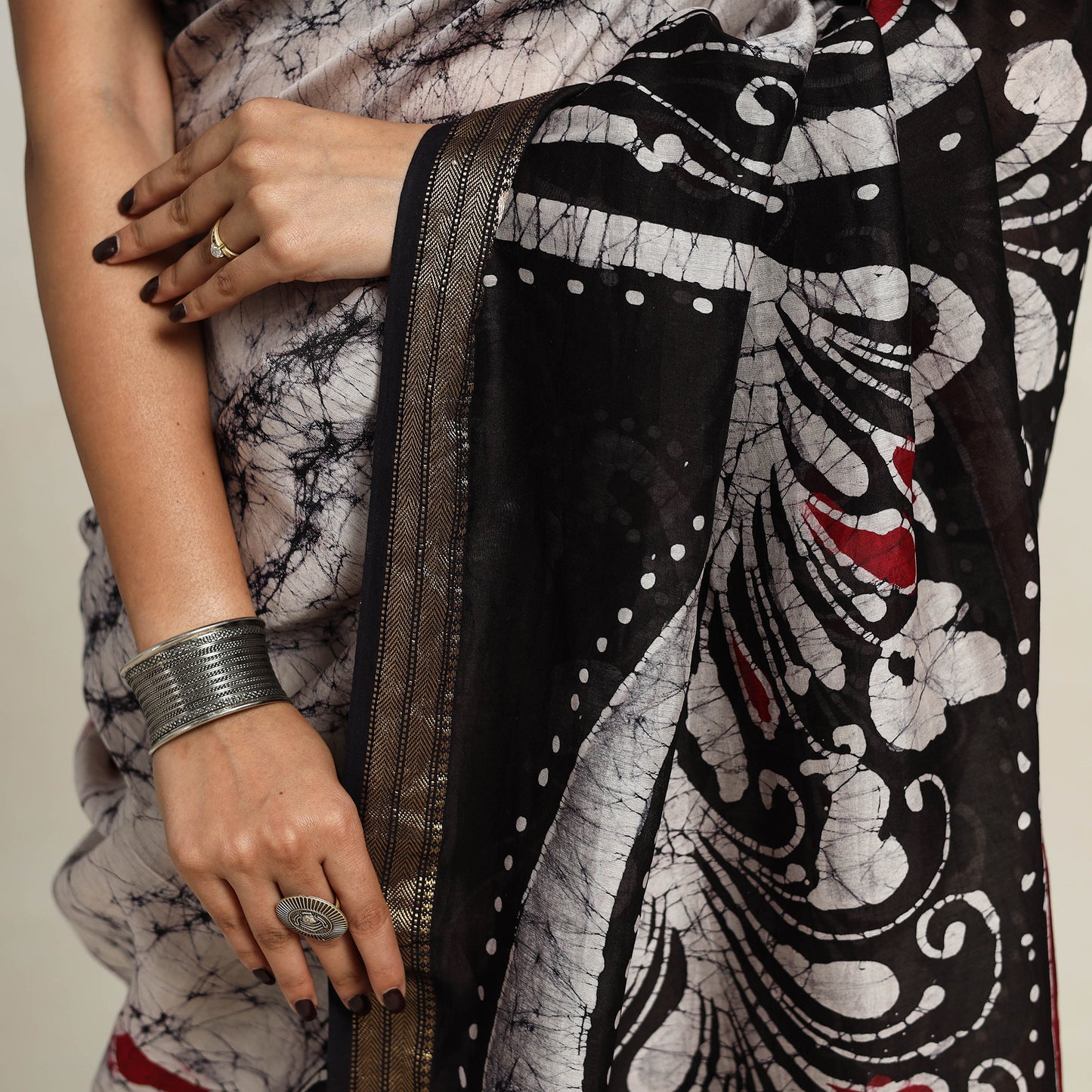 Black - Silk Cotton Hand Batik Print Saree with Blouse 01