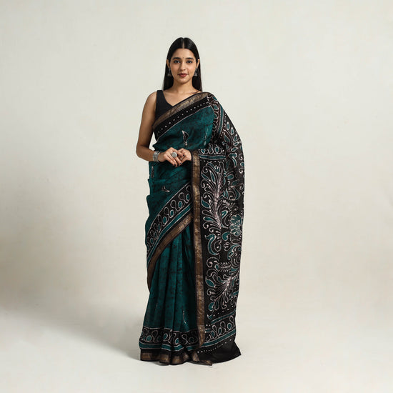 Green - Silk Cotton Hand Batik Print Saree with Blouse 12