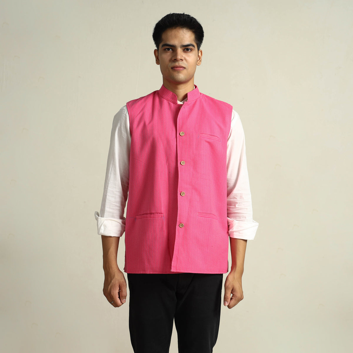 Pink - Running Stitch Pure Cotton Men Nehru Jacket 16