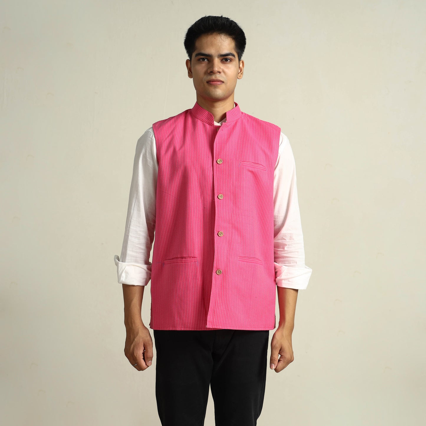 Pink - Running Stitch Pure Cotton Men Nehru Jacket 16