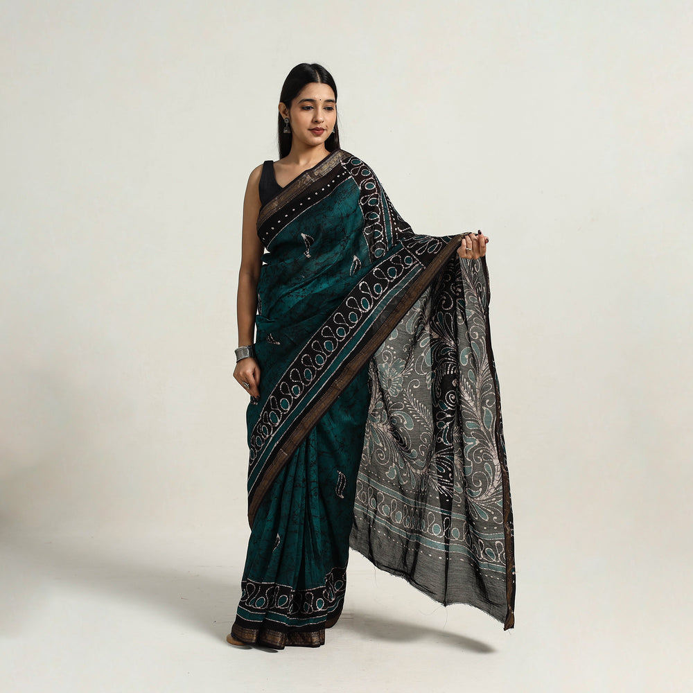 Green - Silk Cotton Hand Batik Print Saree with Blouse 12