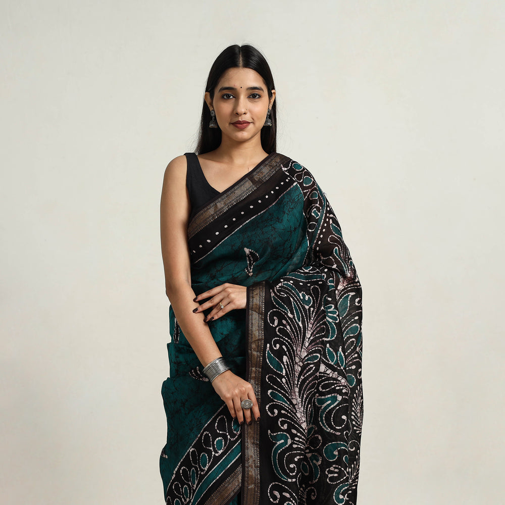 Green - Silk Cotton Hand Batik Print Saree with Blouse 12