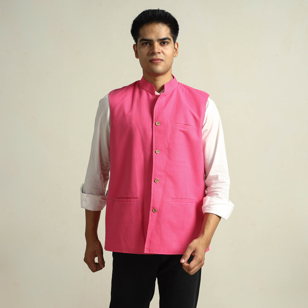 Pink - Running Stitch Pure Cotton Men Nehru Jacket 16