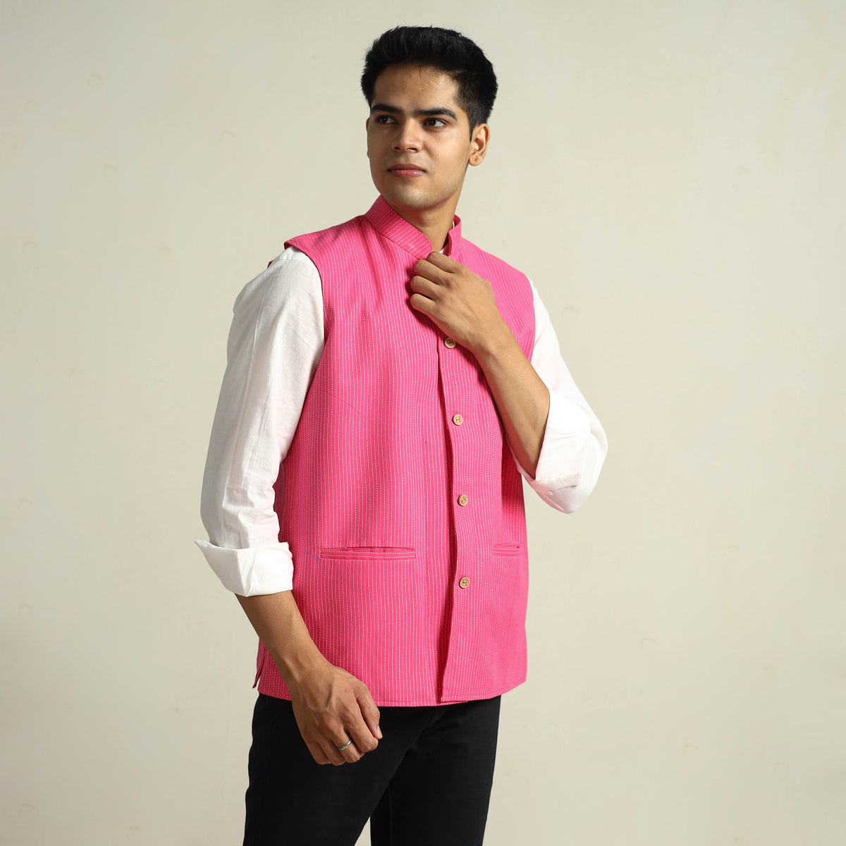 Pink - Running Stitch Pure Cotton Men Nehru Jacket 16