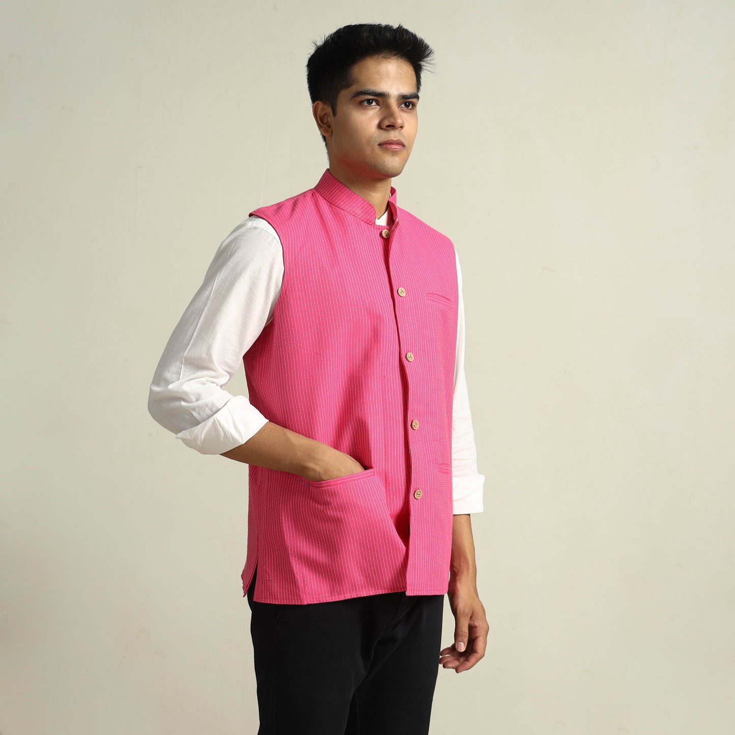 Pink - Running Stitch Pure Cotton Men Nehru Jacket 16