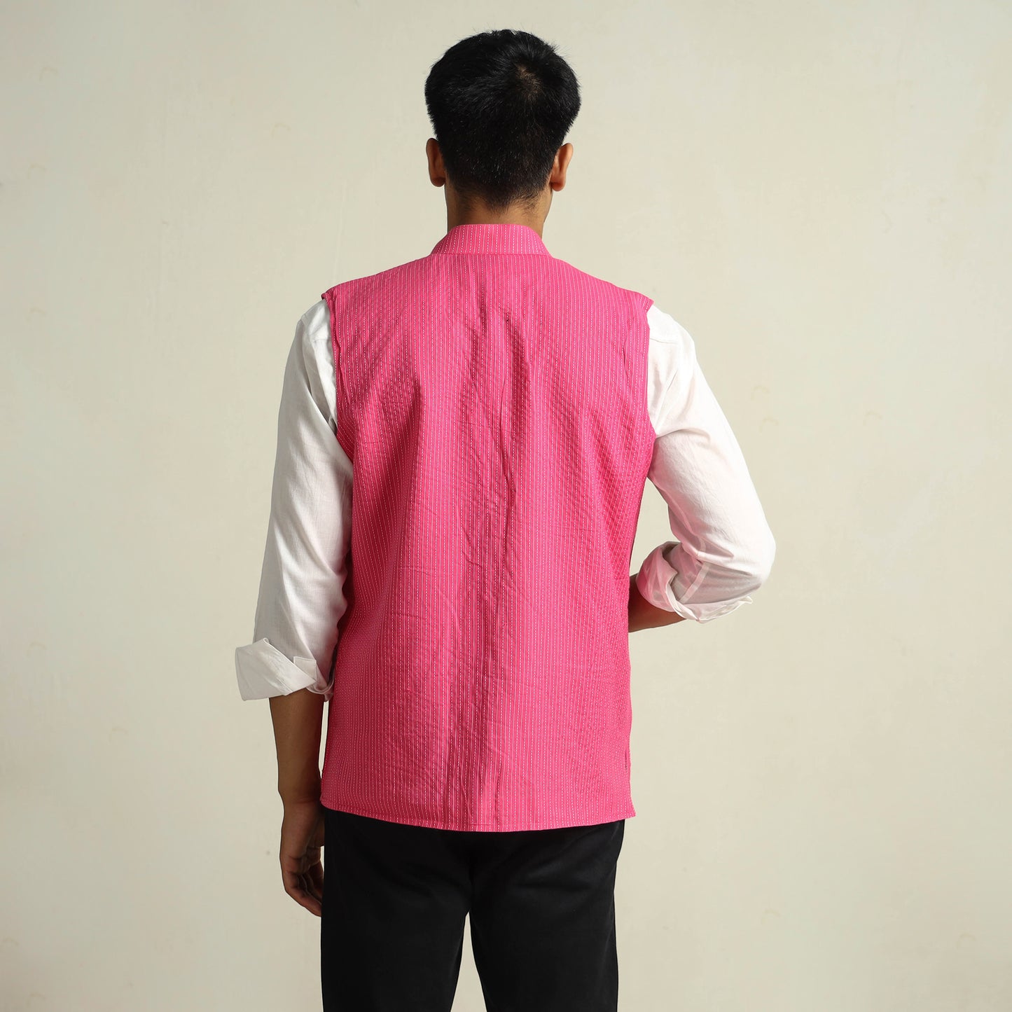 Pink - Running Stitch Pure Cotton Men Nehru Jacket 16