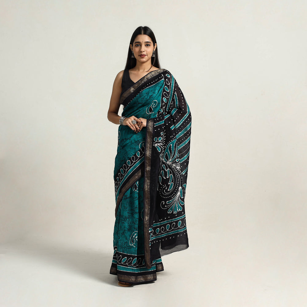 Green - Silk Cotton Hand Batik Print Saree with Blouse 11