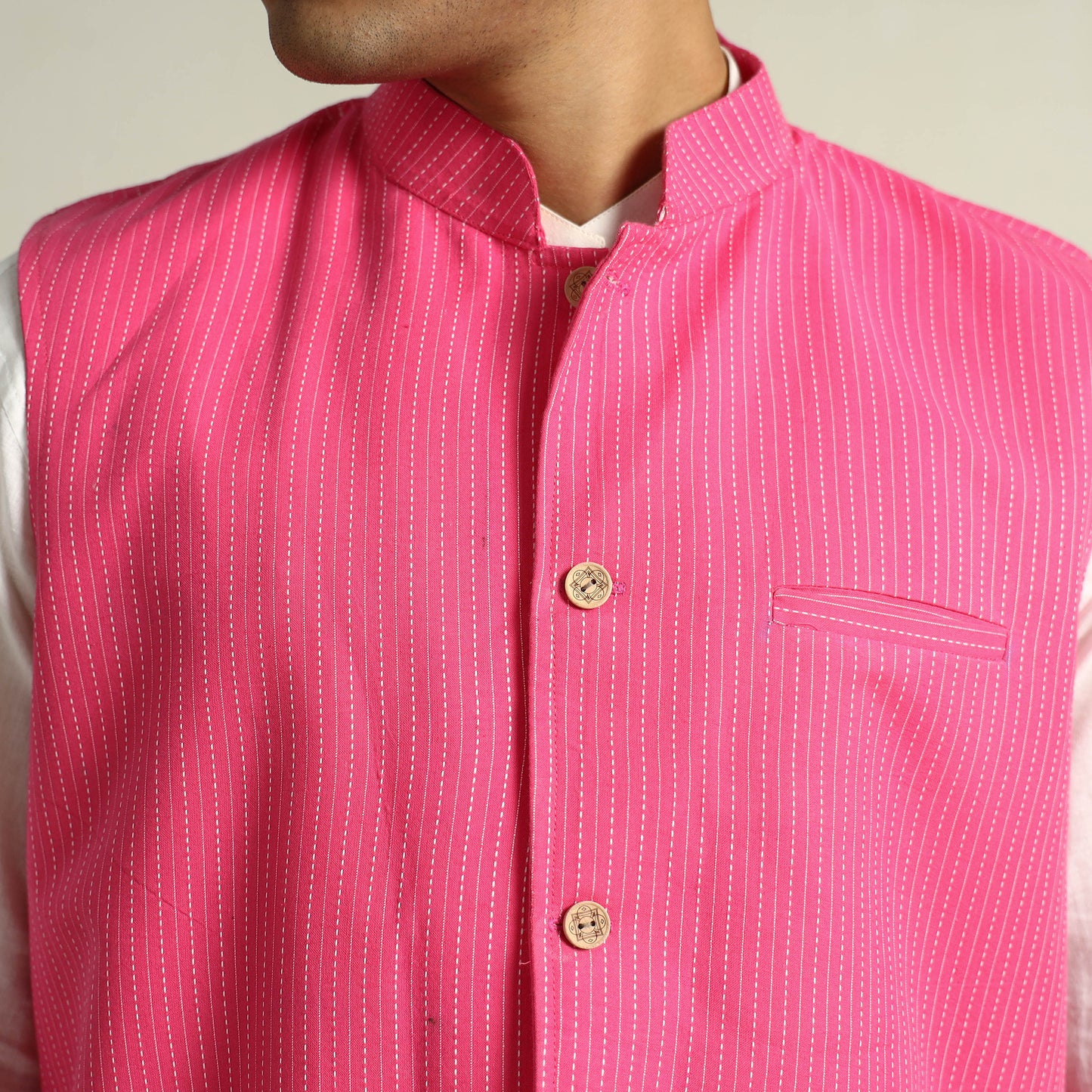 Pink - Running Stitch Pure Cotton Men Nehru Jacket 16