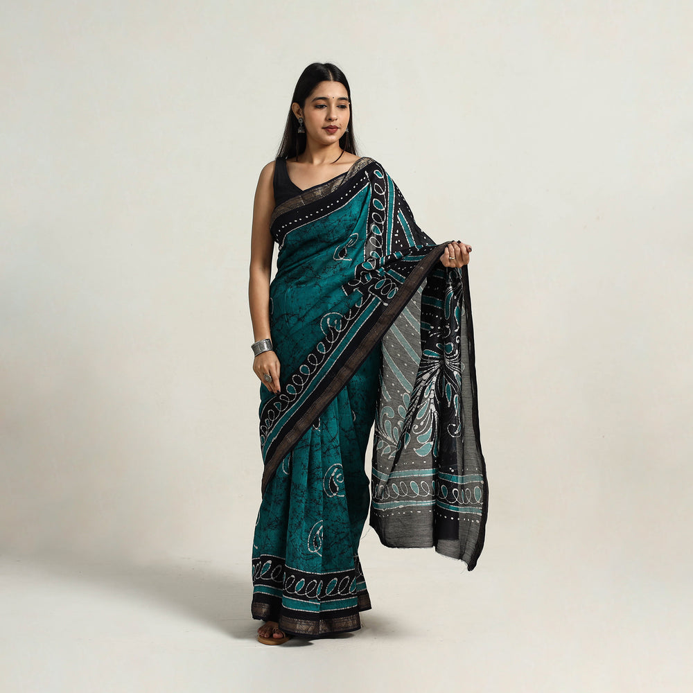 Green - Silk Cotton Hand Batik Print Saree with Blouse 11