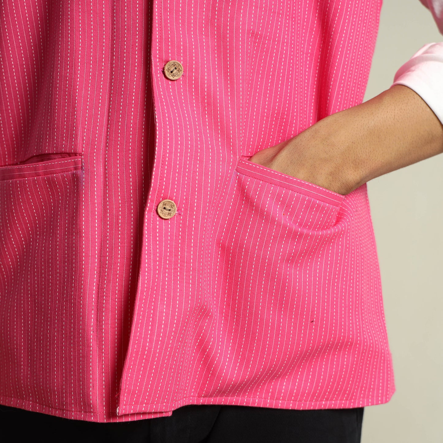 Pink - Running Stitch Pure Cotton Men Nehru Jacket 16