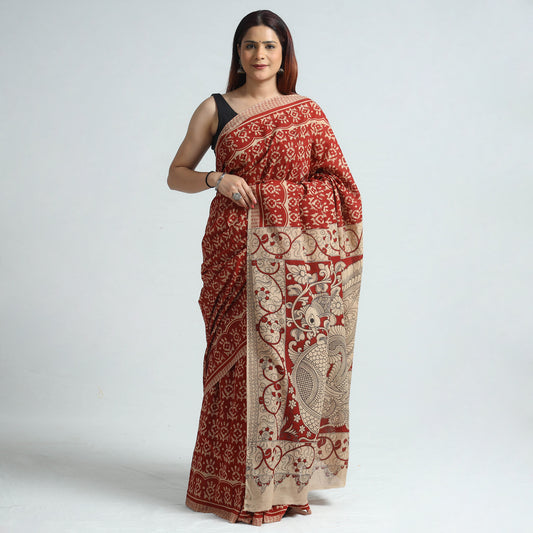 Red - Kalamkari Printed Cotton Saree with Blouse Piece 43