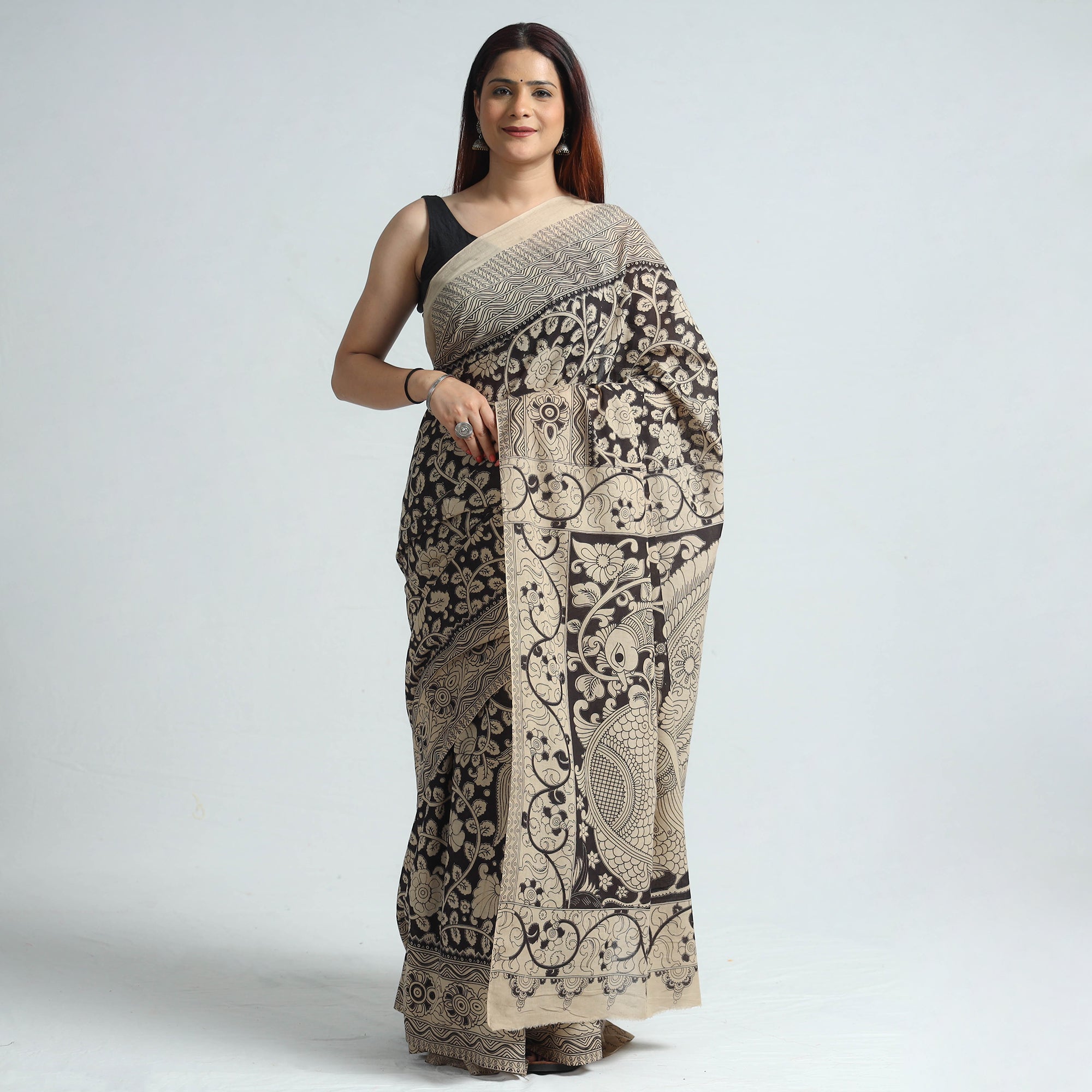 Check Style All Body Line Zari retailer Work Kalamkari Saree With Blouse Piece