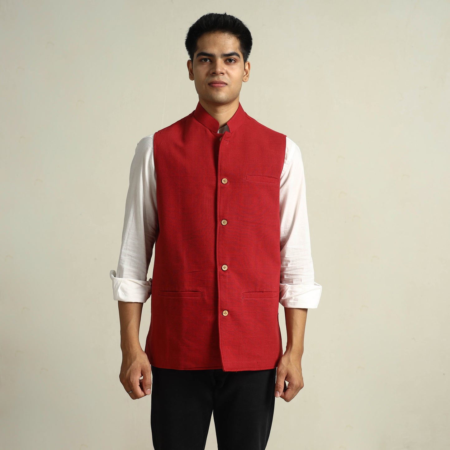 Red - Pure Cotton Handloom Men Nehru Jacket 04