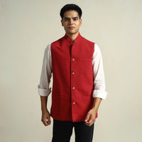 Red - Pure Cotton Handloom Men Nehru Jacket 04