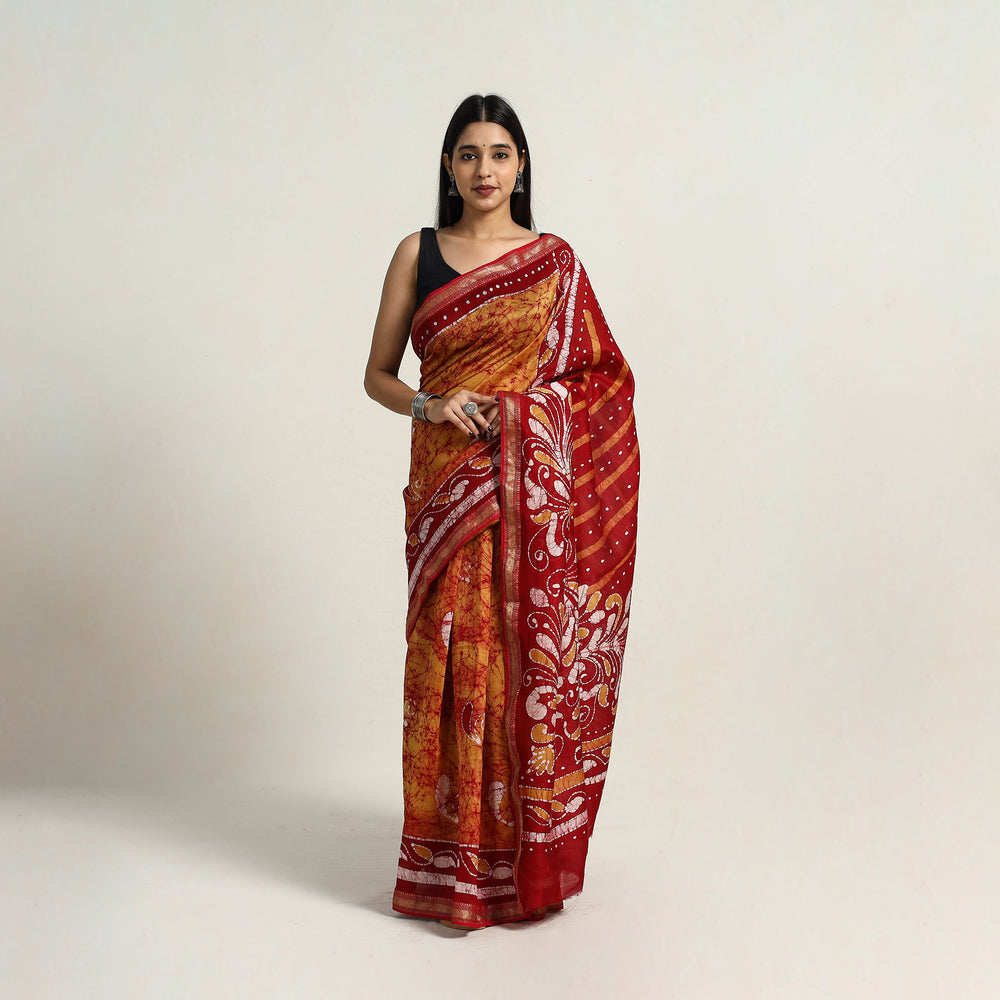 Orange - Silk Cotton Hand Batik Print Saree with Blouse 09