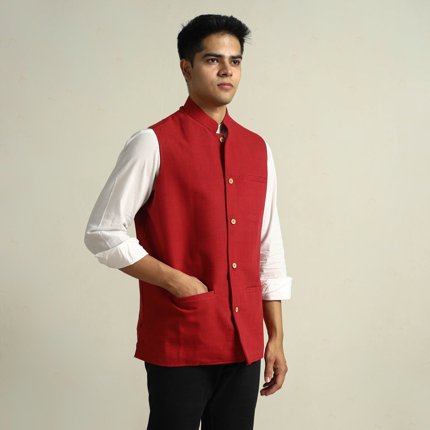 Red - Pure Cotton Handloom Men Nehru Jacket 04