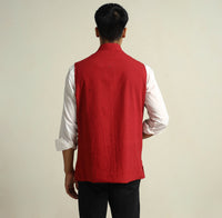 Red - Pure Cotton Handloom Men Nehru Jacket 04