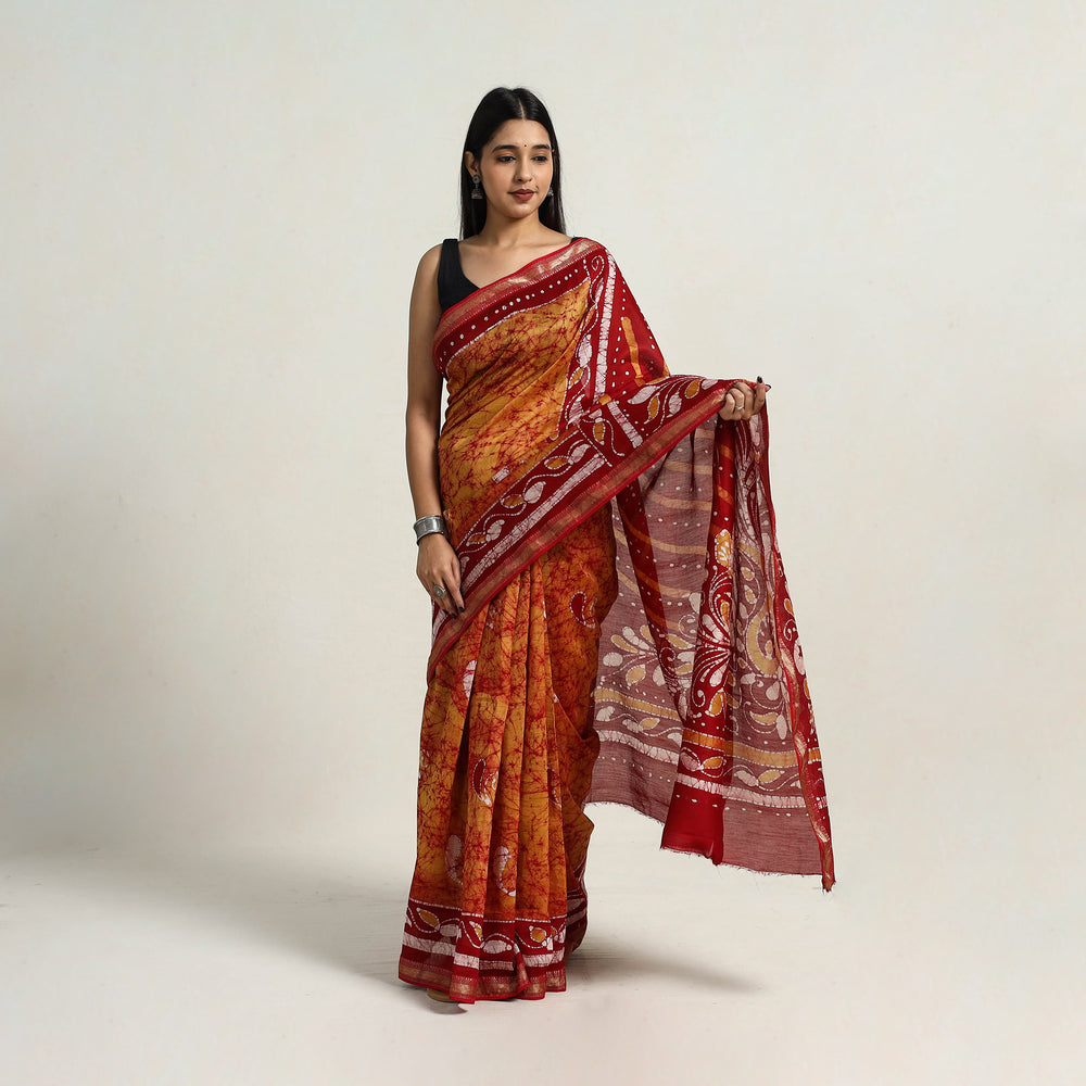 Orange - Silk Cotton Hand Batik Print Saree with Blouse 09